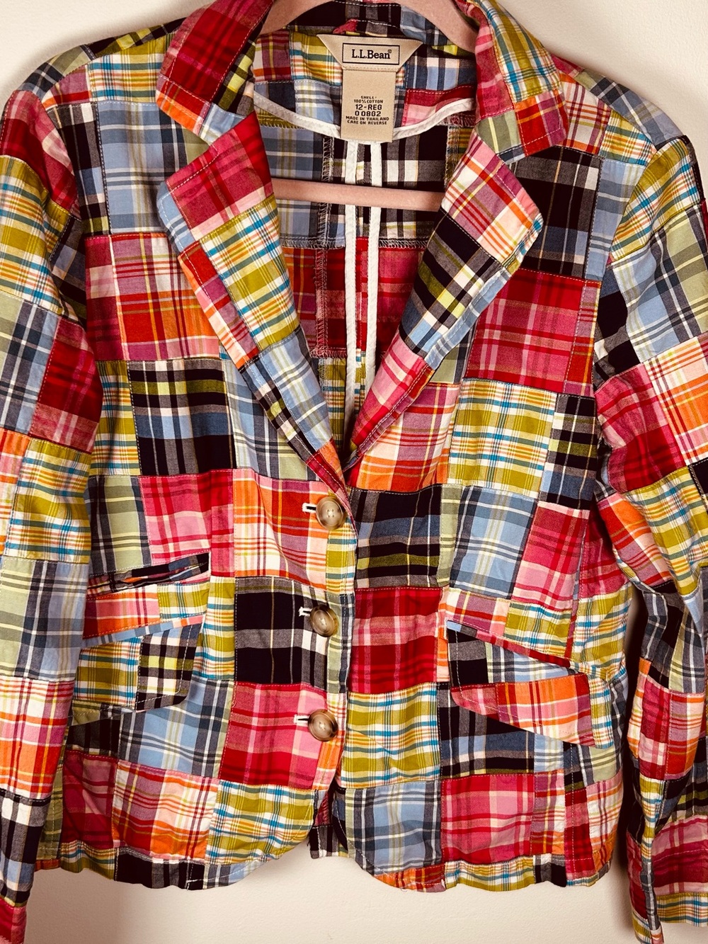 L.L. Bean Multicolor Patchwork Plaid Blazer — Red, Blue, Yellow, Black, Cream